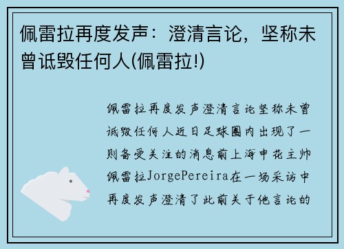 佩雷拉再度发声：澄清言论，坚称未曾诋毁任何人(佩雷拉!)