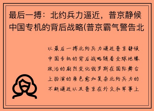 最后一搏：北约兵力逼近，普京静候中国专机的背后战略(普京霸气警告北约成员国视频)