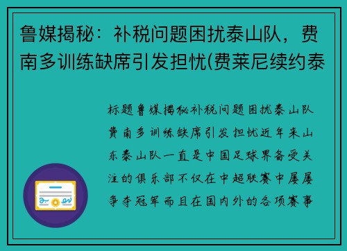 鲁媒揭秘：补税问题困扰泰山队，费南多训练缺席引发担忧(费莱尼续约泰山)