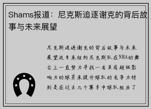 Shams报道：尼克斯追逐谢克的背后故事与未来展望
