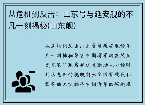 从危机到反击：山东号与延安舰的不凡一刻揭秘(山东舰)